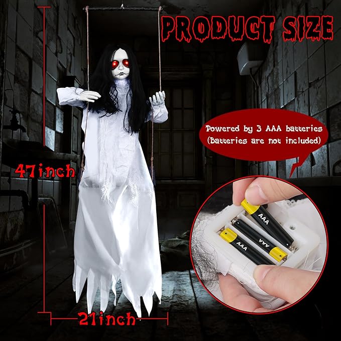 Scary Halloween Decorations Outdoor Hanging Swinging Girl with Sound & Slap Activated, Light Up Eyes Creepy Sound Expressions, Large Scary Halloween Decor Props for Indoor Outside