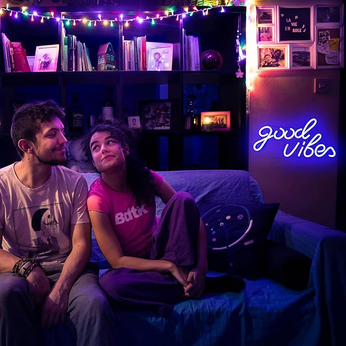 Good Vibes Neon Sign, LED Neon Signs for Wall Decor, Blue Neon Lights for Bedroom & Party Art Decor, USB Powered Bright Neon Light for Lover, Friends
