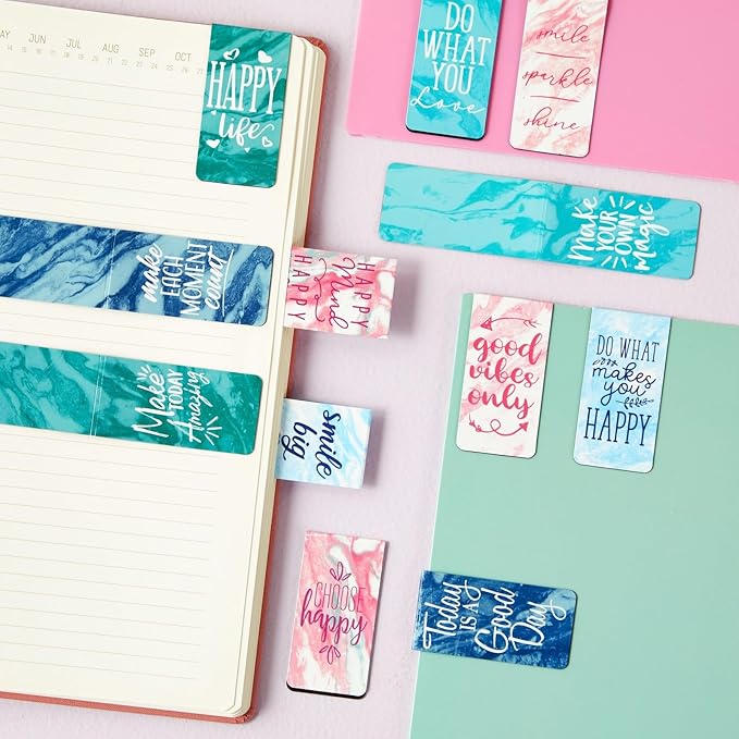 12 Pack Magnetic Bookmarks for Women - Inspirational Book Markers for Reading, Book Accessories (Marble)