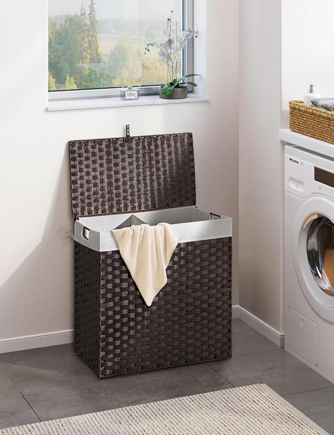 Greenstell Laundry Hamper with lid, No Install Needed, 110L Wicker Laundry Baskets Foldable 2 Removable Liner Bags, 2 Section Clothes Hamper Handwoven Rattan Laundry Basket with Handles, Brown