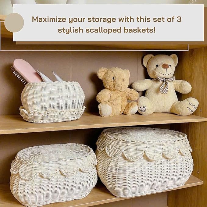 Scalloped Basket with Lid Set of 3,Storage Boxes for Shelves,Decorative Storage Boxes With Lids,Rattan Storage, Shelf Baskets Set for Organizer