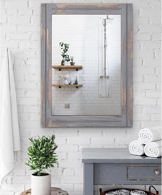 AAZZKANG Wood Framed Mirror Rectangular Rustic Wall Mirrors Decorative Large 26"x18" for Farmhouse Bathroom Living Room Bedroom Grey