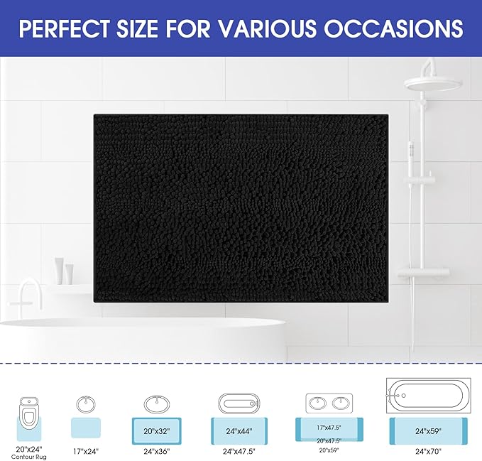 ACCUMTEK Striped Black Bathroom Rug Mat 47.5"x17" Ultra Soft, Non Slip Chenille Bath Rugs, Absorbent Plush Shaggy Bath Mats for Bathroom, Bedroom, Kitchen, Shower, Tub