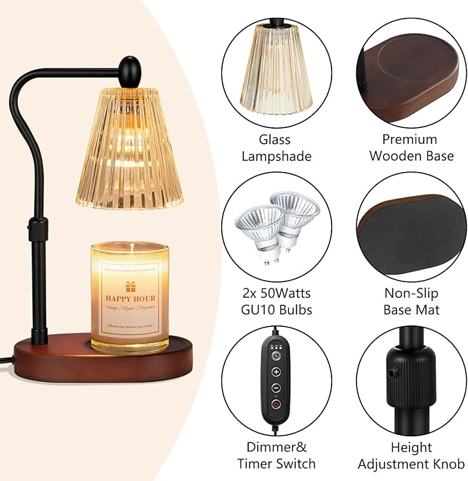 Candle Warmer Lamp, with Timer and Dimmer, Adjustable Height, Mothers Day Gifts for Mom,Birthday Gifts for Women, Wax Melt Warmer for Scented Jar Candles, Home Decor (Brown)