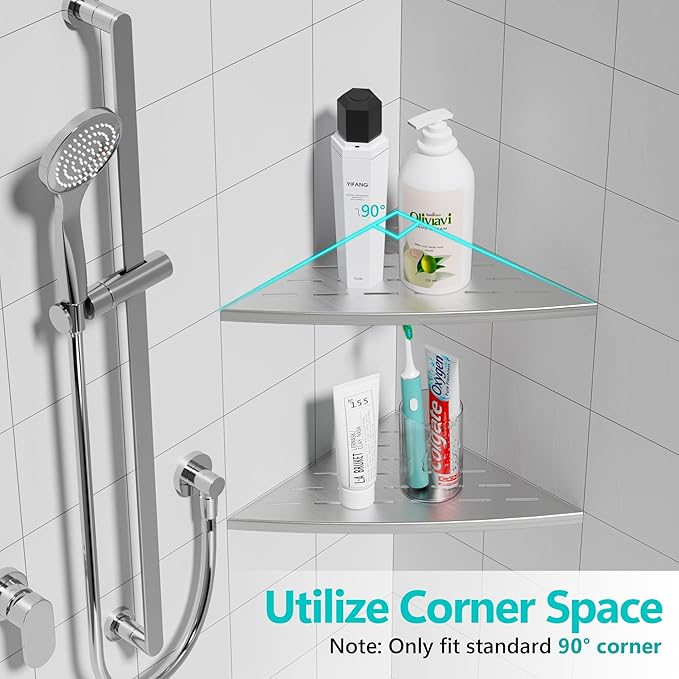 Corner Shower Shelf Brushed Nickel, 304 Stainless Steel 11.5” Recessed Corner Shelf Bathroom for Tiled Wall, Floating Shower Shelves Shampoo Holder, No Drilling, 2 Pack