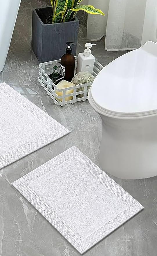 Bedding Craft Reversible White Cotton Bath Mat Rug – 17x24, Water Absorbent, Machine Washable Bathroom Rug Mat for Outside Bathtub