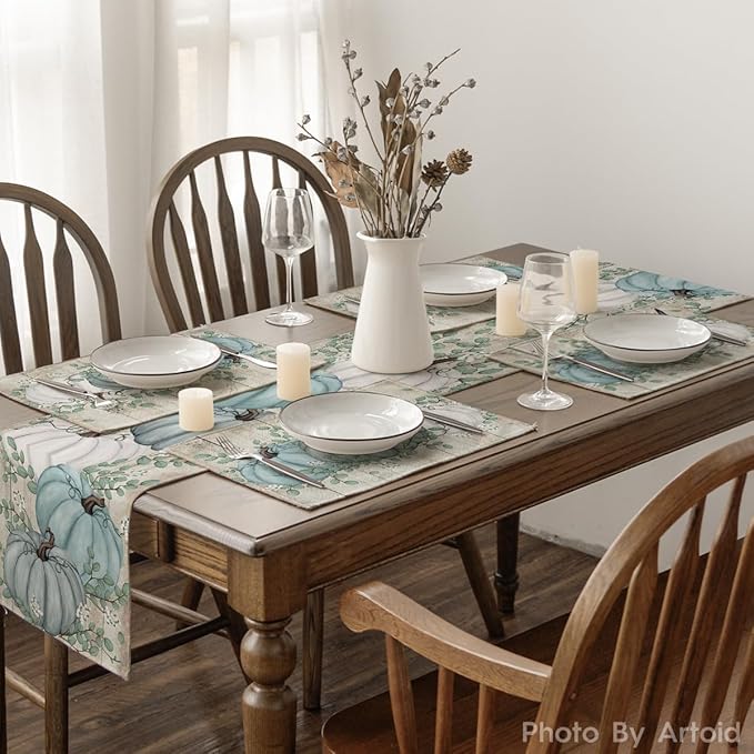 Artoid Mode Wood Pumpkins Harvest Vintage Fall Placemats Set of 4, 12x18 Inch Eucalyptus Leaves Autumn Thanksgiving Table Mat for Party Dining Decoration