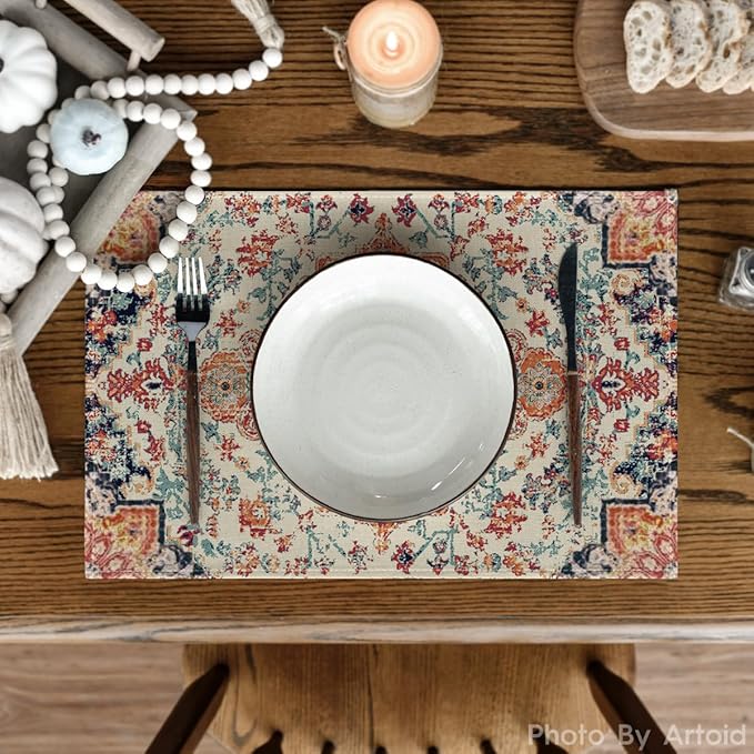 Artoid Mode Boho Placemats Set of 6,12x18 Inch Seasonal Daily Orange Teal Flowers Bohemia Table Mats for Party Kitchen Dining Decoration