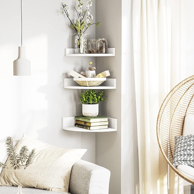 Alsonerbay White Corner Shelf Wall Mount, Set of 3 Floating Shelves for Storage and Display, Rustic Wood Shelves for Bedroom, Living Room, Bathroom, Entryway, Garage