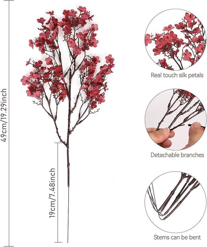 8Pcs Baby Breath Artificial Flowers,Real Touch Red Silk Flowers Bundles Fake Flowers for Vase Home Office Wedding Spring Winter Indoor Outdoor Centerpiece Table Party Decoration