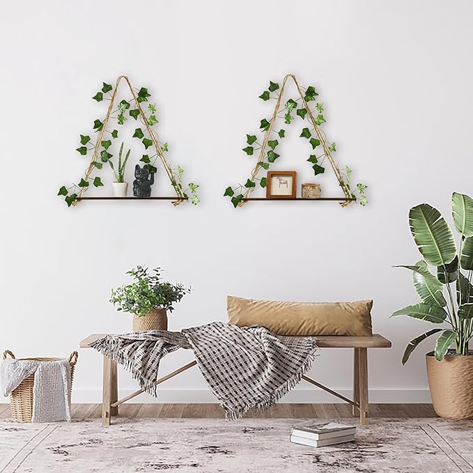 2 Pack Artificial Ivy Wall Hanging Shelves Boho Floating Shelves Wall Decor, Adjustable Rustic Wood Shelf with LED Light Storage Rack Macrame Plant Shleves Holder for Bedroom