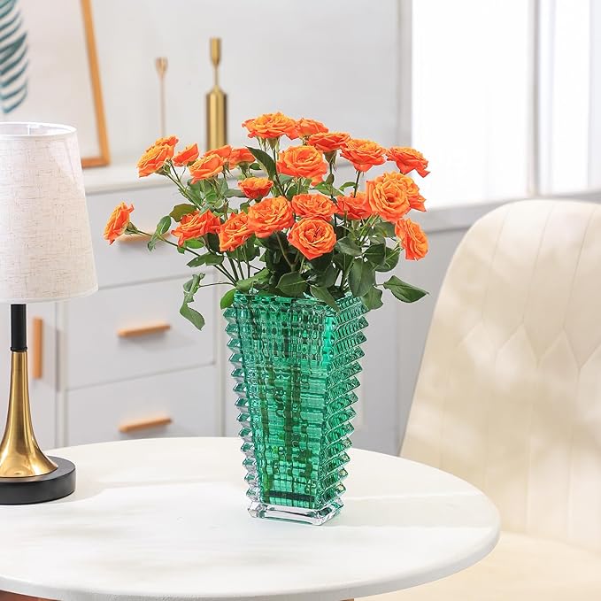 MCMCNCUIU Crystal Vase, Large Crystal Vases for Flowers, Large Flower Vase, Modern Green Vases for Living Room, Bedroom, Kitchen, Dining Table, Mantle, Wedding, 9 Inches