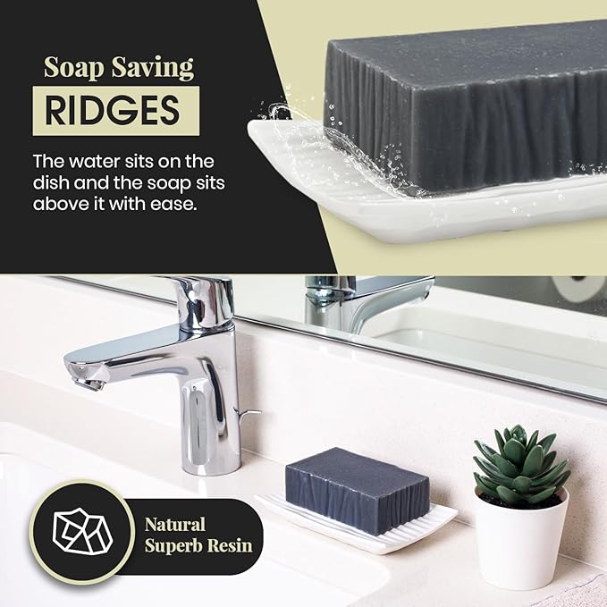 Modern Zen White Soap Dish - 4.9 x 3 Inches - Durable Ceramic Bar Soap Holder with Soap Saver Ridges, Non Slip Feet - Soap Dish for Shower, Bathroom and Kitchen