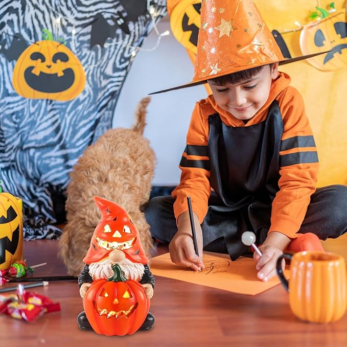 Halloween Gnomes Solar Pumpkin Decor - Unique Resin Gnome with Glowing Pumpkin, Ideal Gift for Women, Outdoor Yard Garden Halloween Decorations