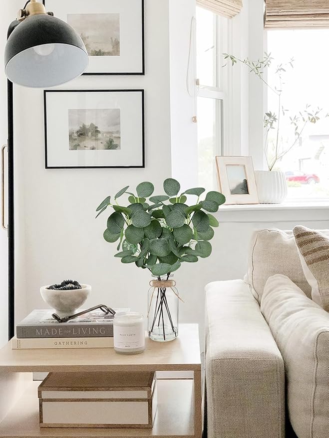 Artificial Eucalyptus Stems in Glass Vase 14" 6Pcs Faux Eucalyptus Branches Home Table Decor Fake Greenery Plants Stems for Farmhouse Wedding Centerpiece Bathroom Decorations