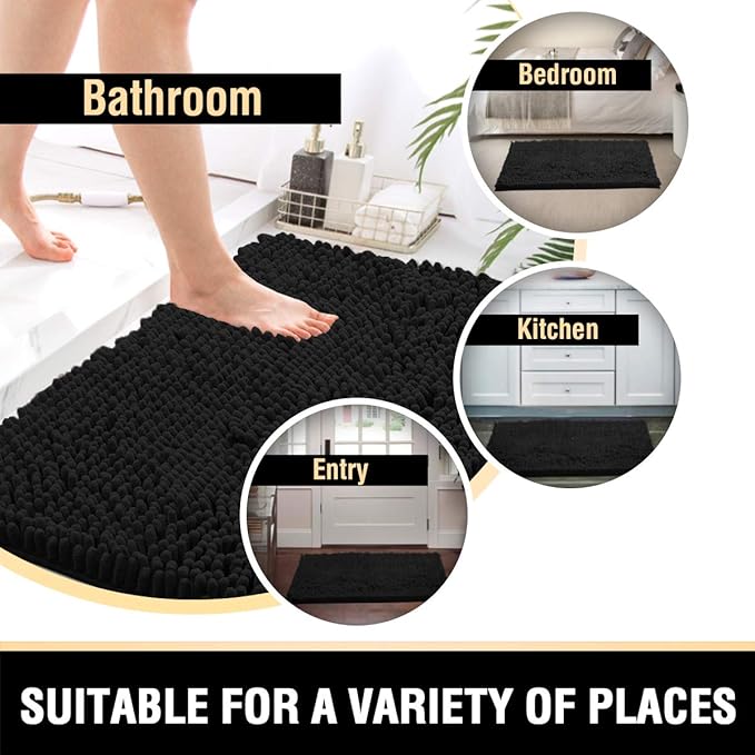 H.VERSAILTEX Bath Mat, 20" x 32" Plus 17" x 24", Black