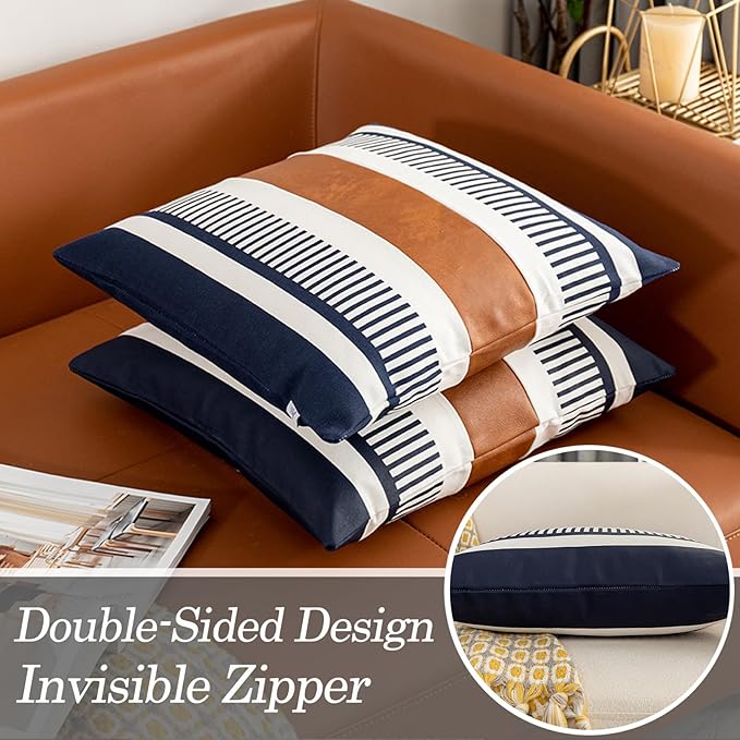 Decorative Accent Pillow Covers 20x20 Boho Couch Pillow Case Set of 2 Modern Farmhouse Stripe Cushion Cover for Sofa Bed Living Room, Navy Blue