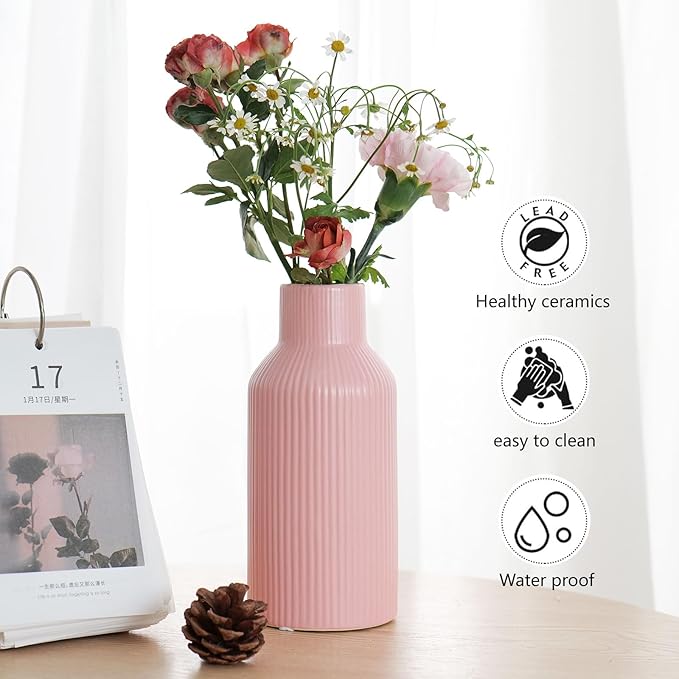 Pink Ceramic Flower Vase, Pampas Grass Small Vase for Decorating, Dining Table, Shelf Decor, Mantel, Entry Decor and Centerpieces, Minimalist Modern, Bohemian, Suitable for Any Style (8 in)
