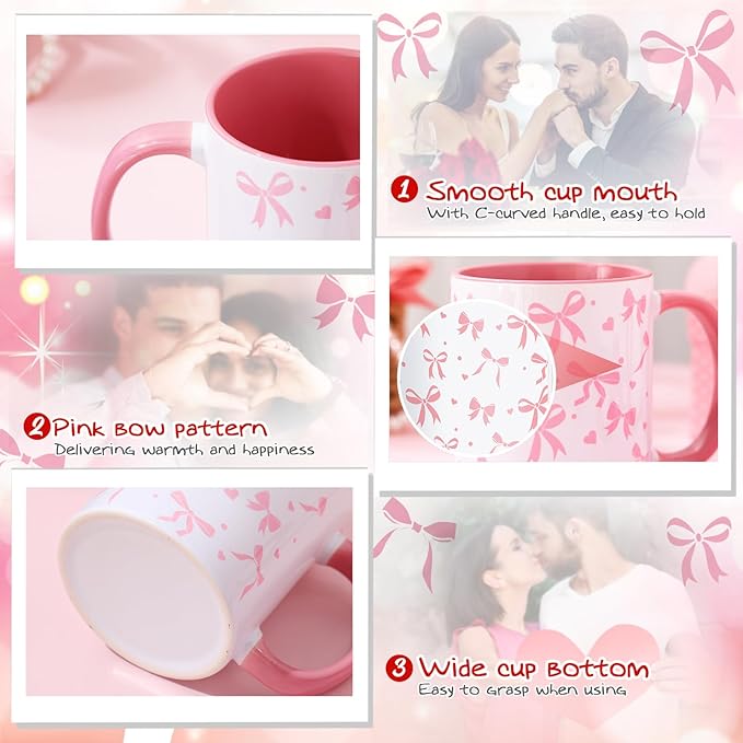 Sliner Pink Coquette Bow Coffee Mug Wedding Bridal Shower Gift Set Engagement Gift Ideas 11oz Aesthetic Ceramic Cup with Bow Keychain and Spoon Preppy Mug for Women Bride Christmas Birthday
