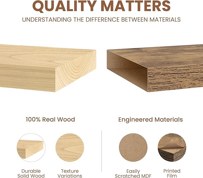 Floating Shelves for Wall, Real Wood Floating Shelf Set of 2, 8 Inch Deep Floating Shelves, Rustic Wood Wall Shelf for Home Decor, Deep Storage Shelves for Bathroom, Kitchen, 16"W x 8"D, Natural Color