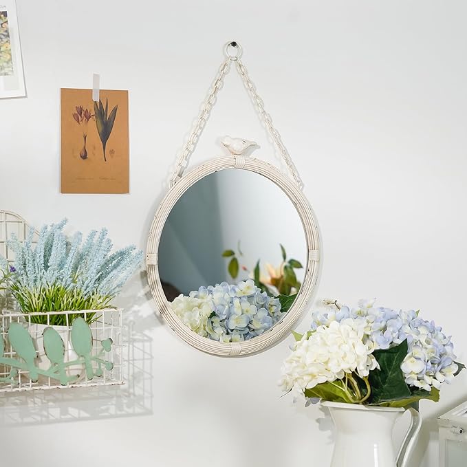 NIKKY HOME 11 Inch Decorative Small Hanging Mirrors Vintage Rustic Round Metal Framed Wall Mounted Mirror Decor with Bird for Bathroom Living Room Office, Rustic White