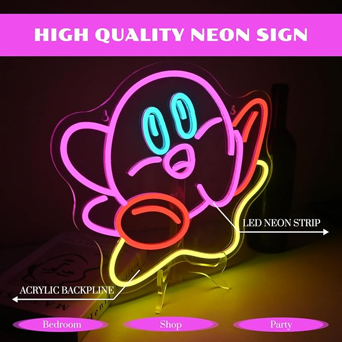 Cute Kirbee Neon Sign Dimmable Japanese Anime Led Signs for Wall Decor LED USB Powered Gaming Neon Light Sign for Kids Bedroom Game Room Decoration Gamer Fans Birthday Gifts