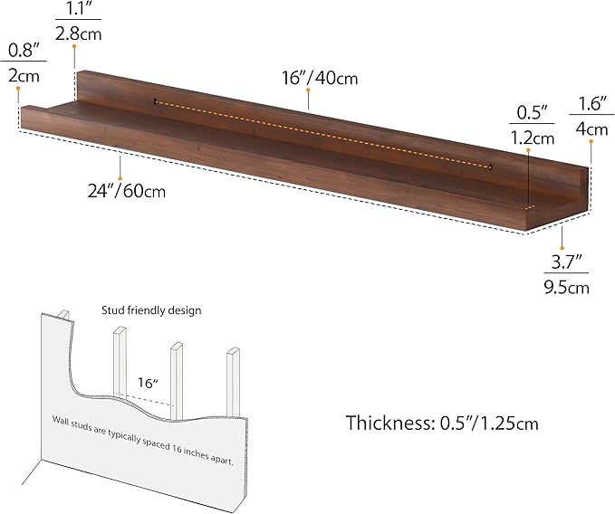 Wallniture Denver 24" Floating Shelves for Wall Collage, Picture Ledge Shelf, Living Room Bookshelf, Wall Shelf for Kitchen, Kids Room Shelves, Walnut Color Set of 2