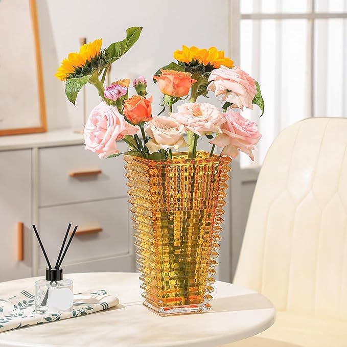 MCMCNCUIU Crystal Vase, Large Crystal Vases for Flowers, Large Flower Vase, Modern Amber Vases for Living Room, Bedroom, Kitchen, Dining Table, Mantle, Wedding, 11 Inches
