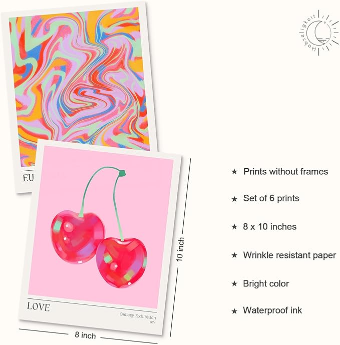 Habseligkeit Pink Cherry Wall Art Prints, Cute Wall Decors for Room Aesthtic, Posters for Girls Bedroom Decor Aesthetic Unframed, 8X10in, Set of 6