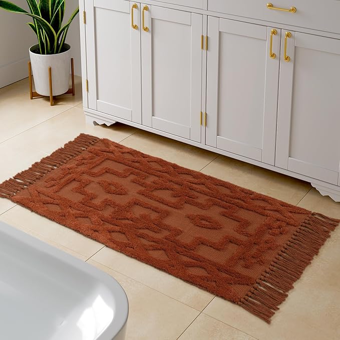 Uphome Boho Bathroom Runner Rug 2' x 4.3', Washable Woven Cotton Bedroom Runners, Terracotta Aesthetic Tufted Entryway Runner Rugs, Bohemian Tribal Throw Rug for Bedside Living Room Laundry Kitchen
