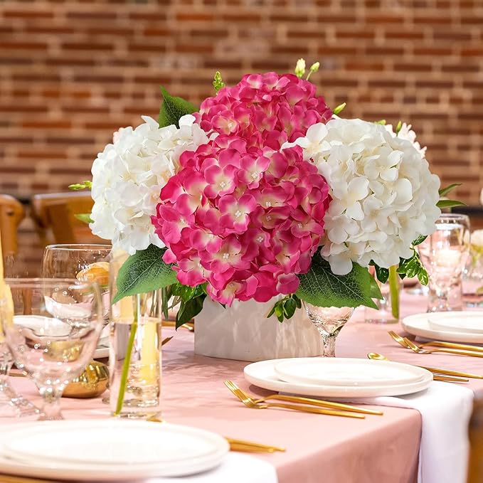 Magenta Pink Hydrangea Artificial Flowers, 5Pcs 20Inch Large Lifelike Faux Pink Flowers, Full Fake Artificial Hydrangeas with Stems for Bouquet Table Centerpieces Home