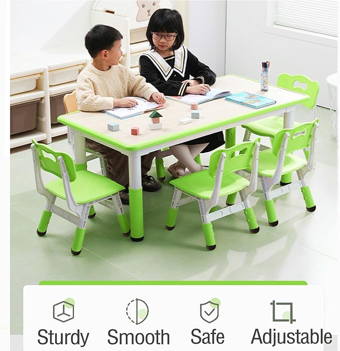 Kids Table and 6 Chair Set - Height Adjustable, Multifunctional Desk, Ergonomically Designed Chairs, Max 300lbs, for Ages 2-10, Classroom, Daycares, Home