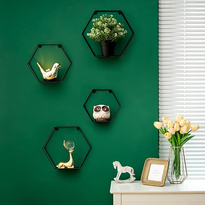 Hexagon Shelves Black Metal - Floating Geometric Hexagon Shelf Wall Mount - Plant Shelves Hexagonal Decor Set of 4