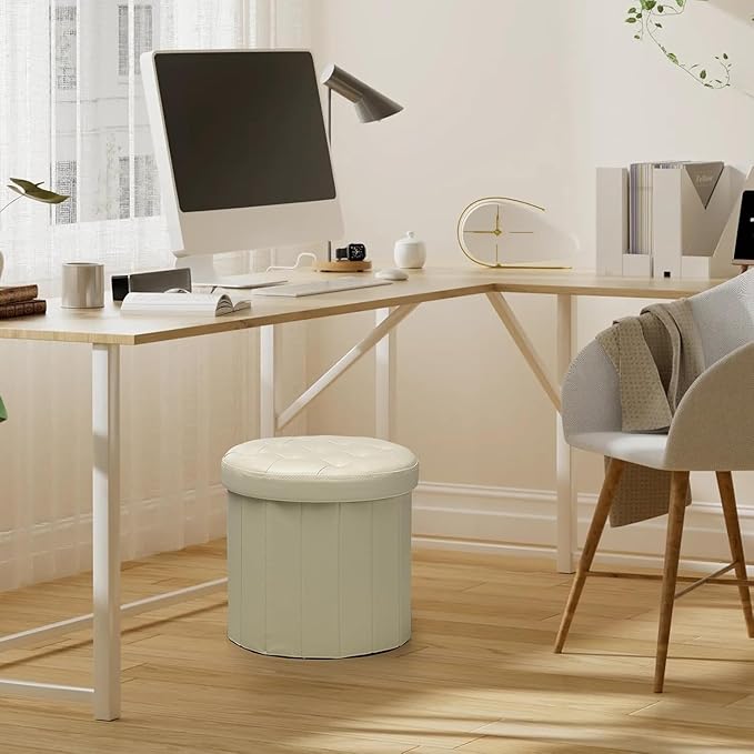 Bsketa® Ottoman with Storage, Foot Rest Stool with Thicker Foam Padded Seat Leather Small Round 14“ x 14” x 13 "Inchs Storage Ottoman Bench for Living Room Foldable Pouf Coffee Table 2 Pack,Beige
