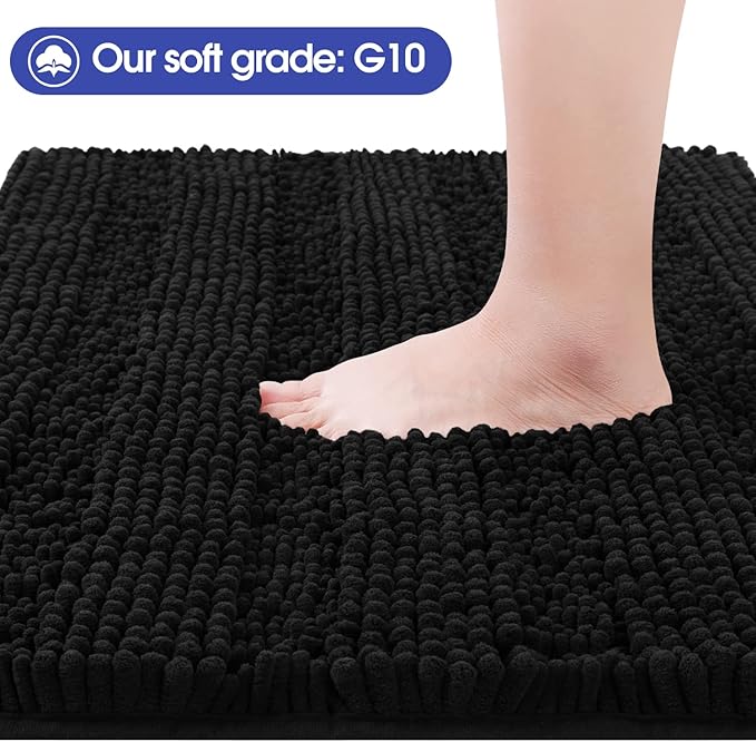 ACCUMTEK Striped Black Bathroom Rug Mat 47.5"x17" Ultra Soft, Non Slip Chenille Bath Rugs, Absorbent Plush Shaggy Bath Mats for Bathroom, Bedroom, Kitchen, Shower, Tub