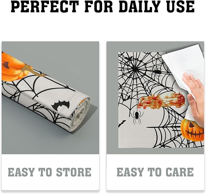 Giwawa Halloween Placemats, Colorful Spooky Pumpkins Spider Web Bats Linen Place Table Mats Washable Stain Resistant for Kitchen Dining Party Holiday Tabletop Decor, Set of 4, 12x18 Inches