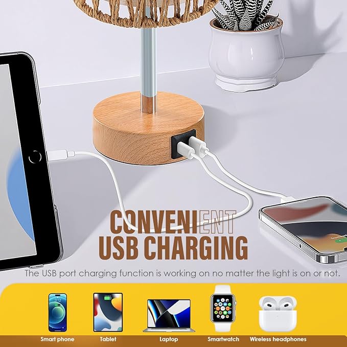 Yarra-Decor Bedside Lamp with USB Port - Touch Control Table Lamp for Bedroom (Rattan2)