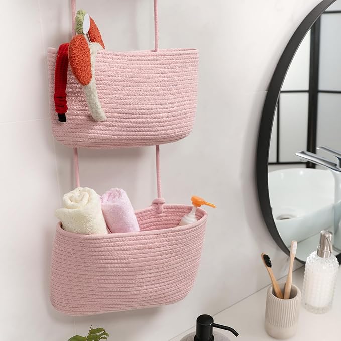 TeoKJ 3-Tier Wall hanging Storage Bags, Over the Door Organizer, Decorative Cotton Rope Hanging Baskets, Pink
