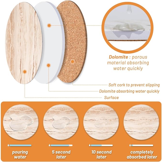 Acejoz Drink Coasters Sets of 6, Absorbent Coaster for Coffee Table Decor, Marble Style Ceramic Coaster for Home Decor, 4 Inches