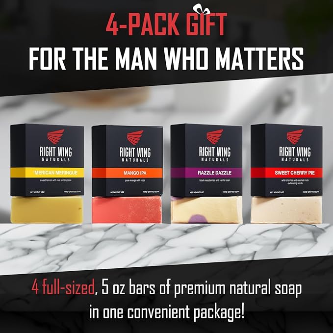 Right Wing Naturals Bar Soap Gift Set for Men | Handcrafted Cold-Pressed | Handmade Organic Soap for Men | Most Popular Flavors | Natural Scented Men’s Bar Soap| Pack of 4 Bars