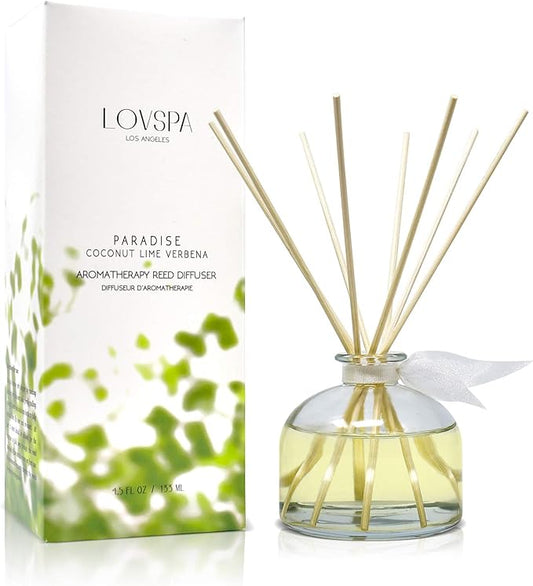 LOVSPA Coconut Lime Verbena Scented Reed Sticks Diffuser Set - Paradise by LOVSPA Fragrances - Tropical Blend of Lemon Verbena, Fresh Limes & Coconut - Made in The USA