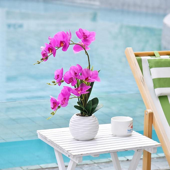 Artificial Orchids in Vase Fake Real Touch Orchid Flowers in Pot Faux Phalaenopsis Potted with Ceramic Vase for Home Office Wedding Table Decoration, Fuchsia