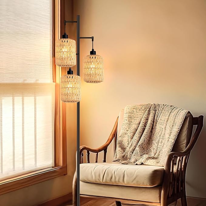 Floor Lamp for Living Room,Bedroom,3-Lights Boho Rattan Tree Floor Lights,Industrial Black Farmhouse Standing Lamp Wicker Rustic Tall Lamp,Woven Bamboo LampShade Floor Lamps Bohemian