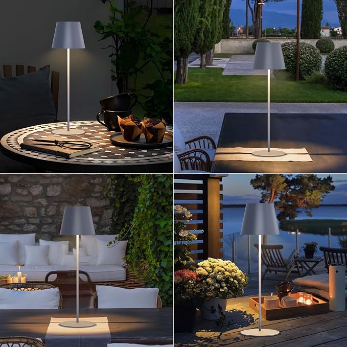 uuffoo 2 Pack Cordless Rechargeable Table Lamps, 5200mAh Battery Powered Outdoor Table Lamps with 3 Colors Stepless Dimming, Desk Night Light for Restaurant, Patio, Bedroom, Bar (Gray)