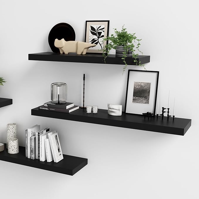 WELLAND 60 inch Black Mission Floating Shelves for Wall, Bathroom Wall Mount Shelves, Wood Modern Display Shelves, Book Shelves,for Bedroom,Living Room and Kitchen