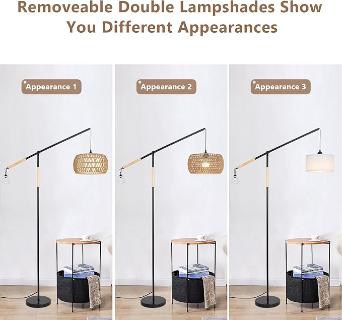 Arc Floor Lamps for Living Room, Rattan Floor Lamp with Remote, Boho Standing Lamp with Crystal Hanging Decor, Adjustable Arm Stand Up Lamp, Dimmable Tall Light for Bedroom Over Couch (Bulb Included)