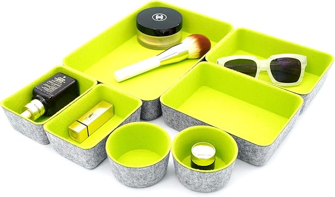 Welaxy Drawer organizers bins felt trays desk storage bins dividers small drawers for office supplies 7-piece Pack back to school college gift idea (Green)