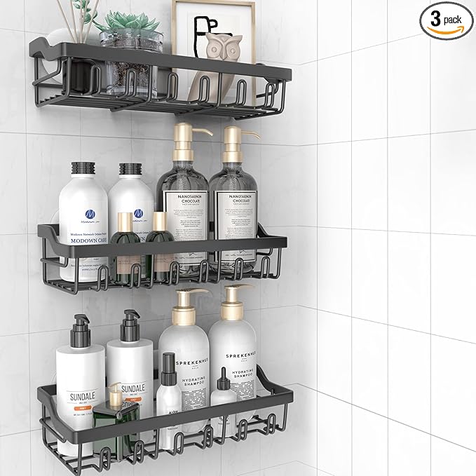 3 Pack Shower Caddy, Adhesive Shower Organizer for Bathroom Storage, Rustproof Stainless Steel Shower Shelves, No Drilling, Large Capacity Shower Rack Shelf for Inside Shower, Black