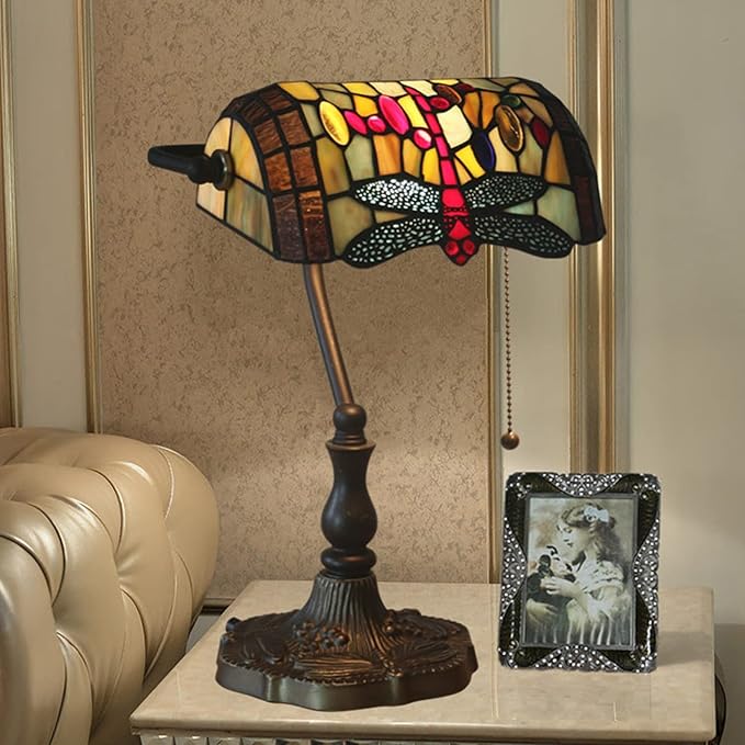 Tiffany Style Bankers Table Lamp Stained Glass Piano Desk Lamp Vintage Bedroom Bedside Lamp for Study,Antique Alloy Base,Zipper Switch,Dragonfly a