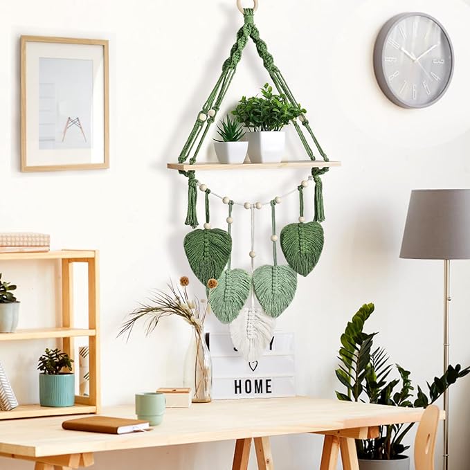 Macrame Wall Hanging Shelf Wood Floating Storage Shelf Boho Woven Leaf Wall Decor Plant Hanger for Photo Display Bedroom Living Room Nursery Decor